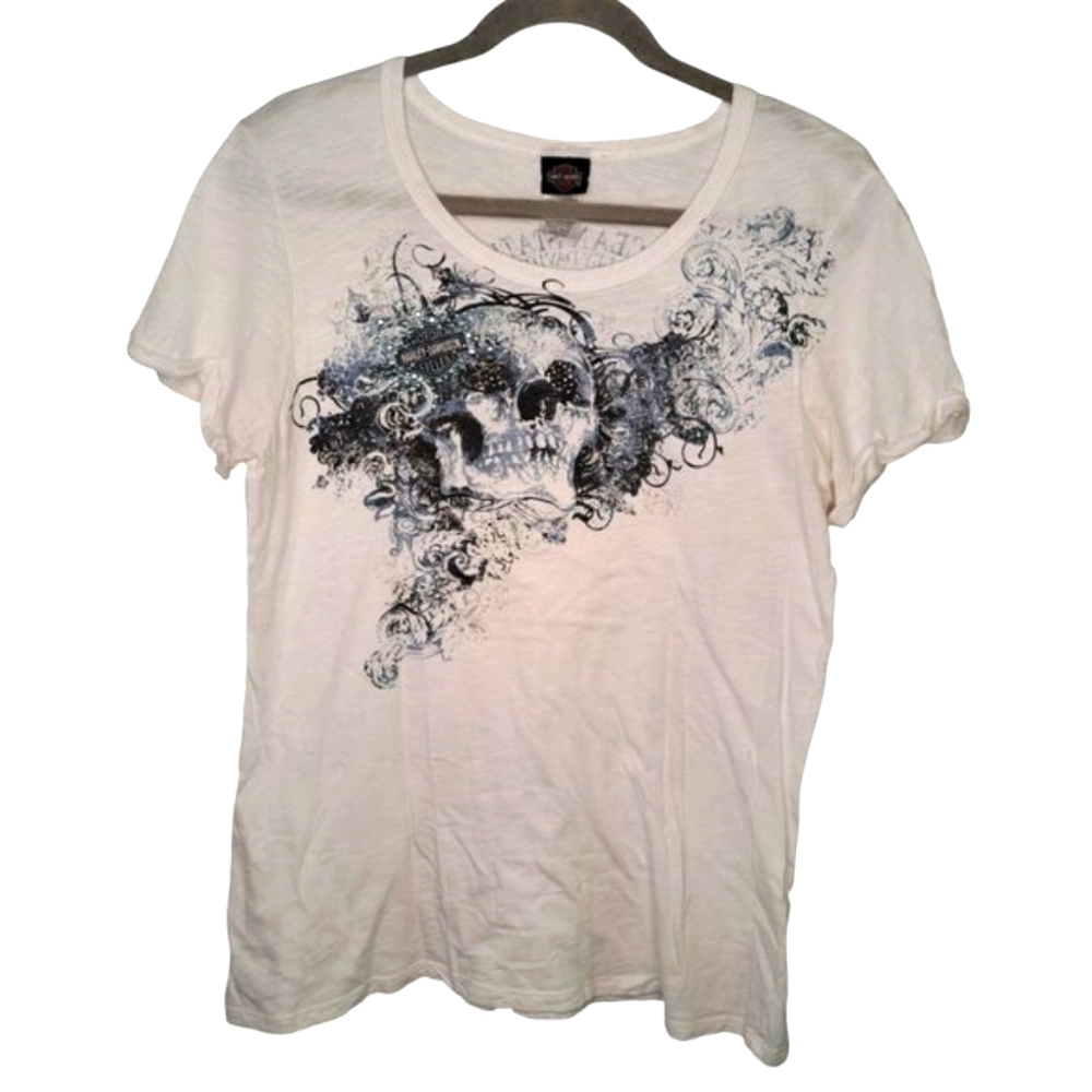 Harley-Davidson White Short Sleeved Skull Graphic Tee Size Large